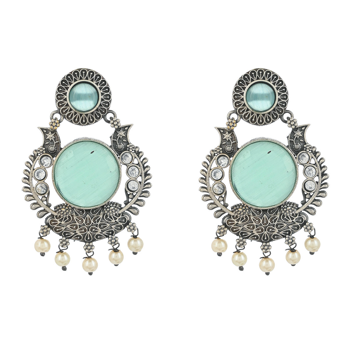 Women's Antique Elegance Faux Kundan And Pearls Adorned Silver Plated Brass Drop Earrings - Voylla