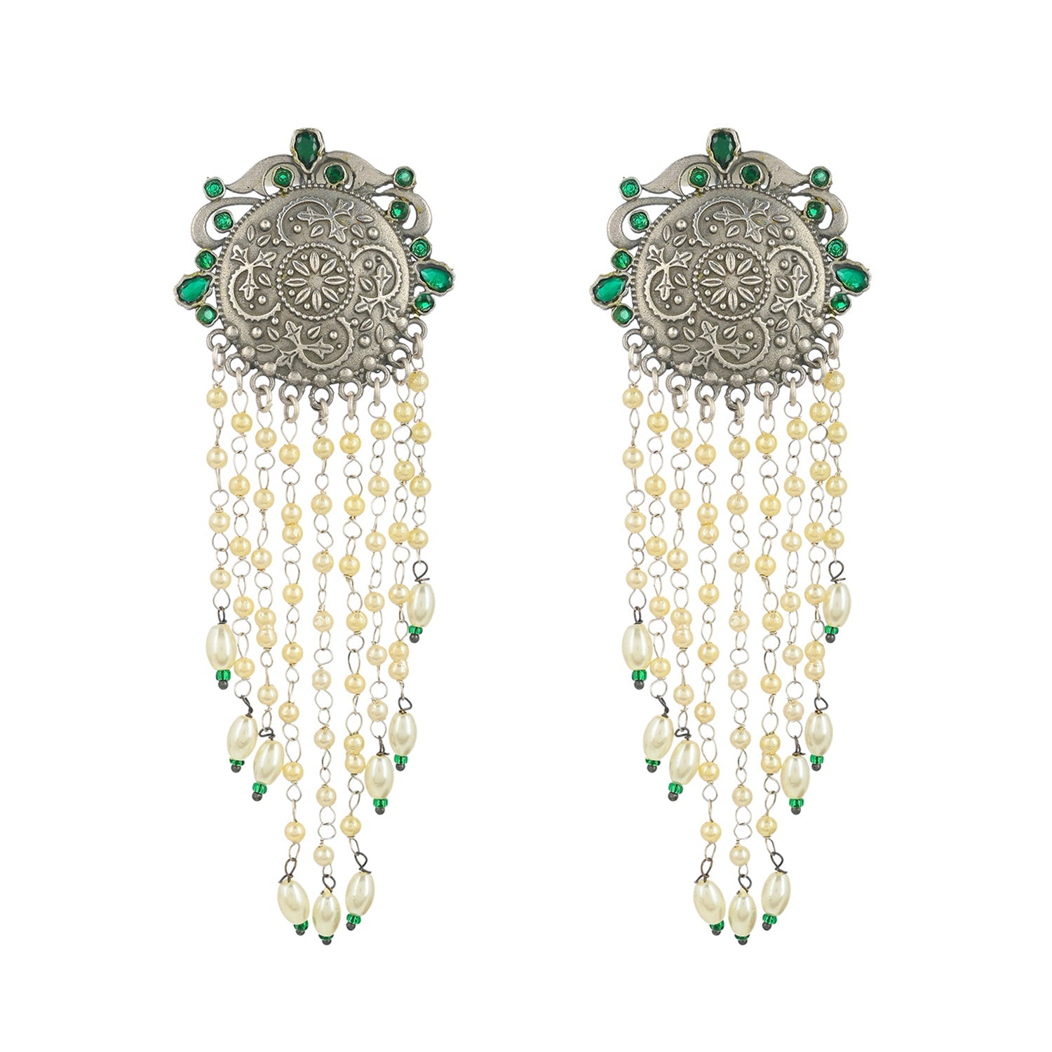Women's Antique Elegance Green Gems And Faux Pearls Silver Plated Brass Drop Earrings - Voylla