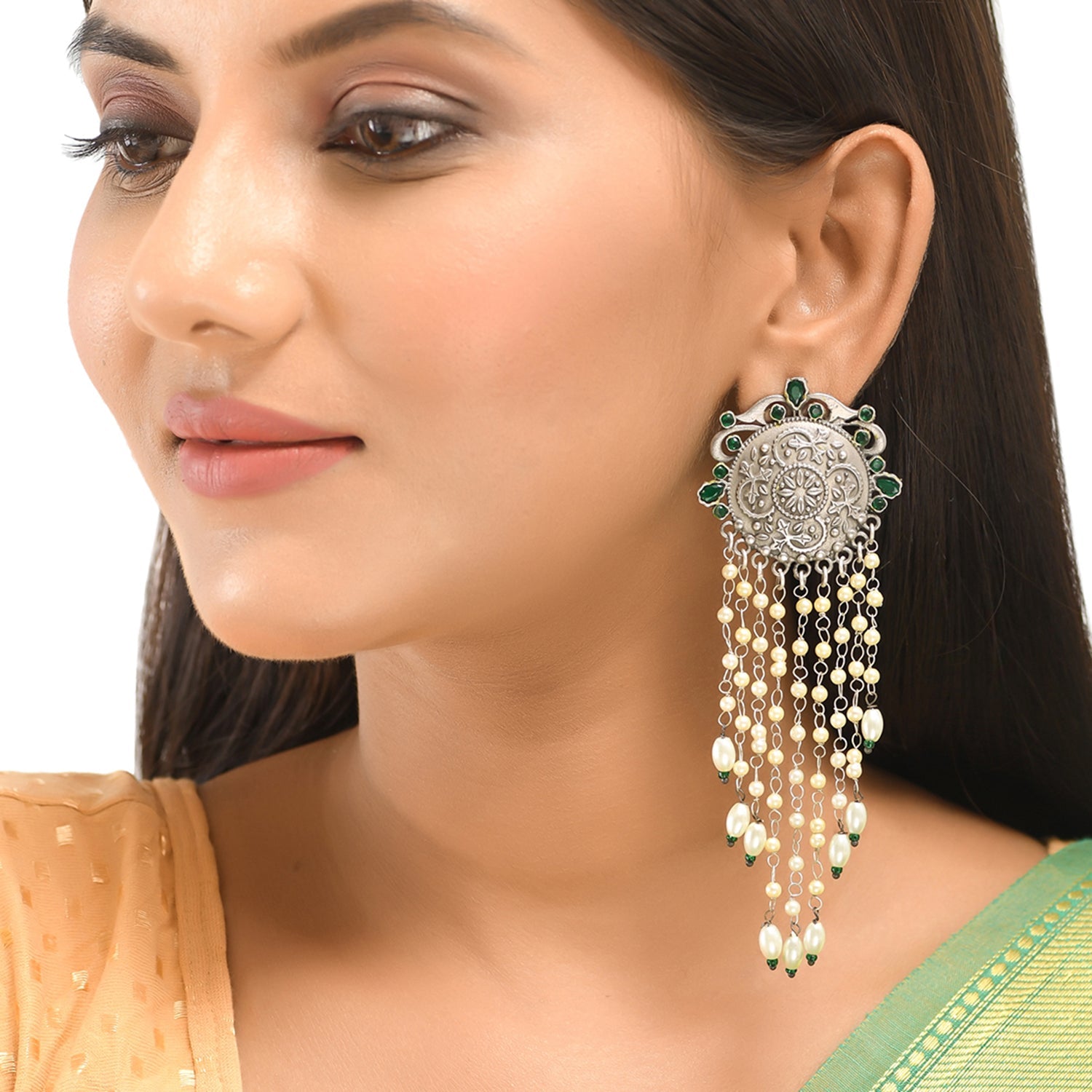 Women's Antique Elegance Green Gems And Faux Pearls Silver Plated Brass Drop Earrings - Voylla