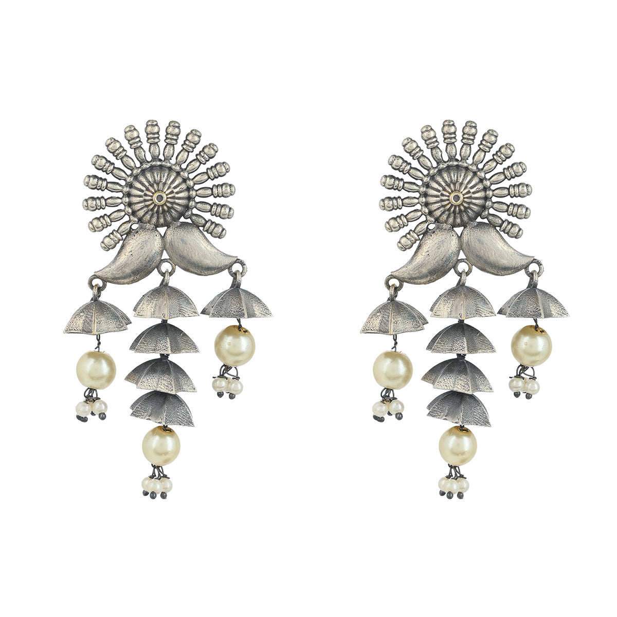 Women's Antique Elegance Faux Pearls Adorned Silver Plated Layered Drop Earrings - Voylla