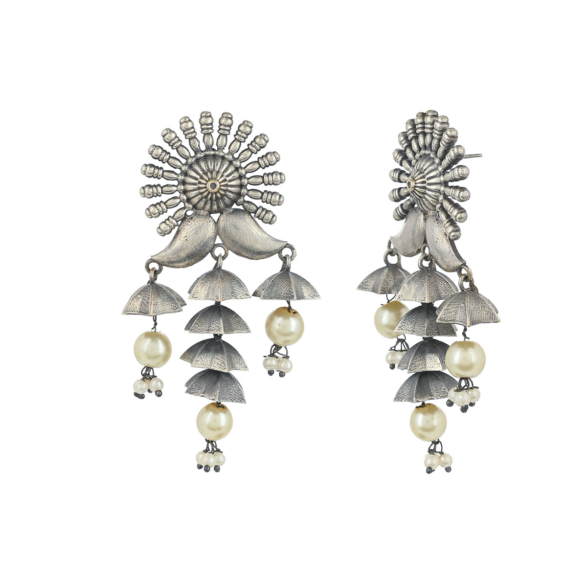 Women's Antique Elegance Faux Pearls Adorned Silver Plated Layered Drop Earrings - Voylla