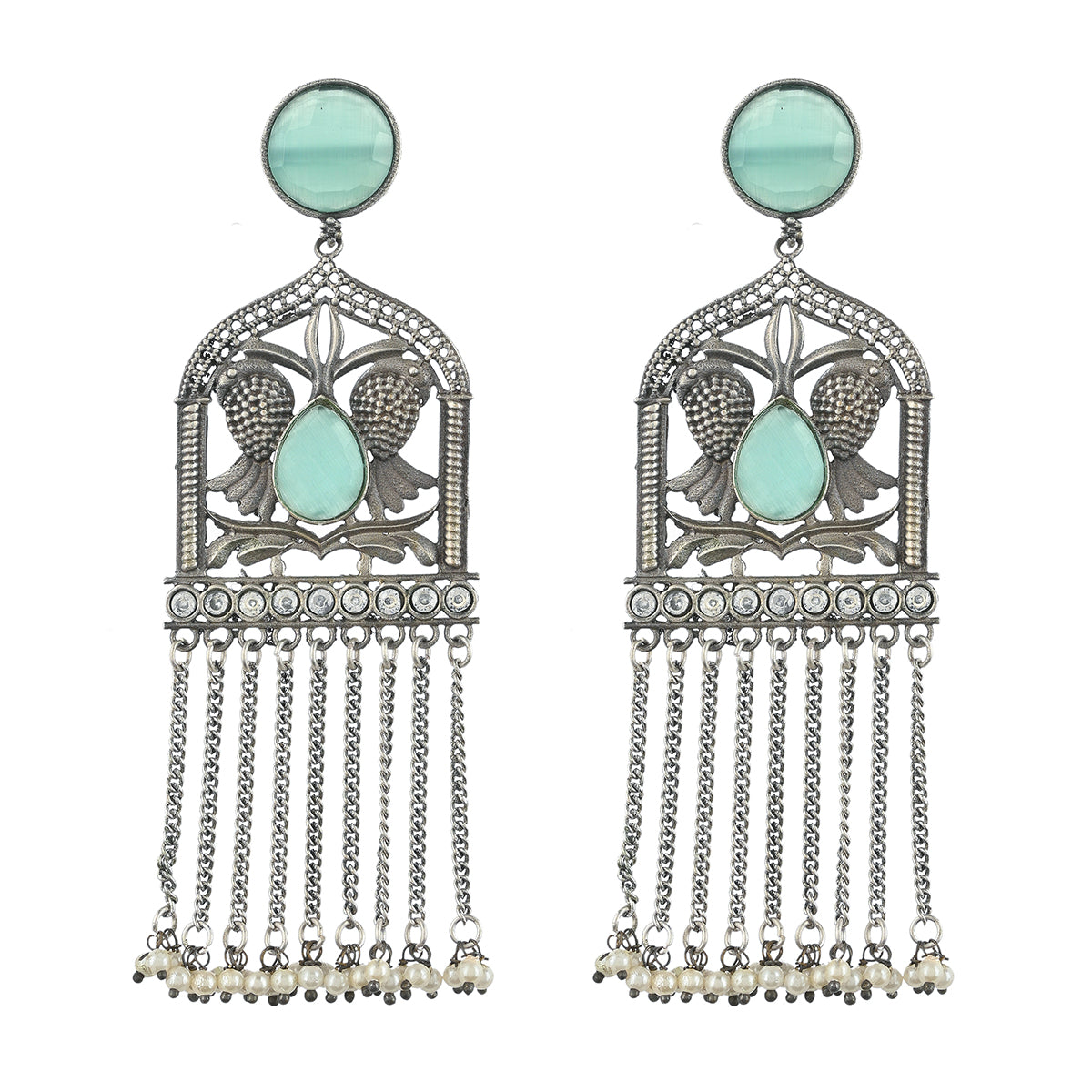 Women's Antique Elegance Teardrop And Round Cut Gems And Faux Pearls Brass Silver Plated Dangler Earrings - Voylla