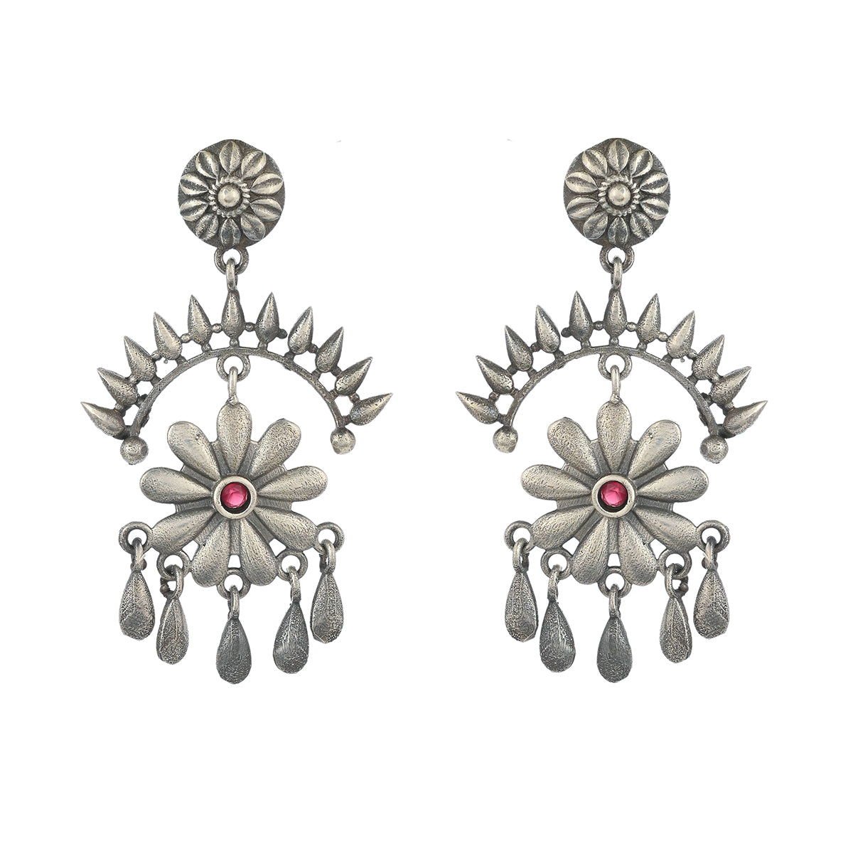 Women's Antique Elegance Floral Oxidised Silver Plated Brass Earrings - Voylla