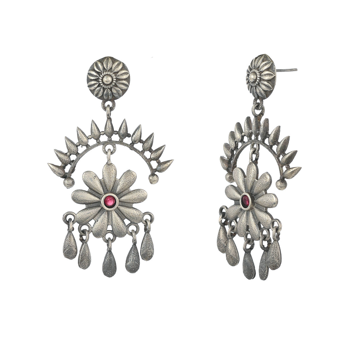Women's Antique Elegance Floral Oxidised Silver Plated Brass Earrings - Voylla