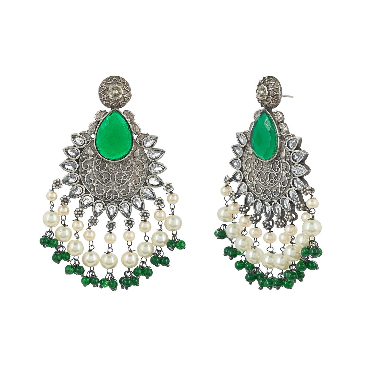 Women's Antique Elegance Faux Pearls And Cz Embellished Opulent Brass Silver Plated Drop Earrings - Voylla