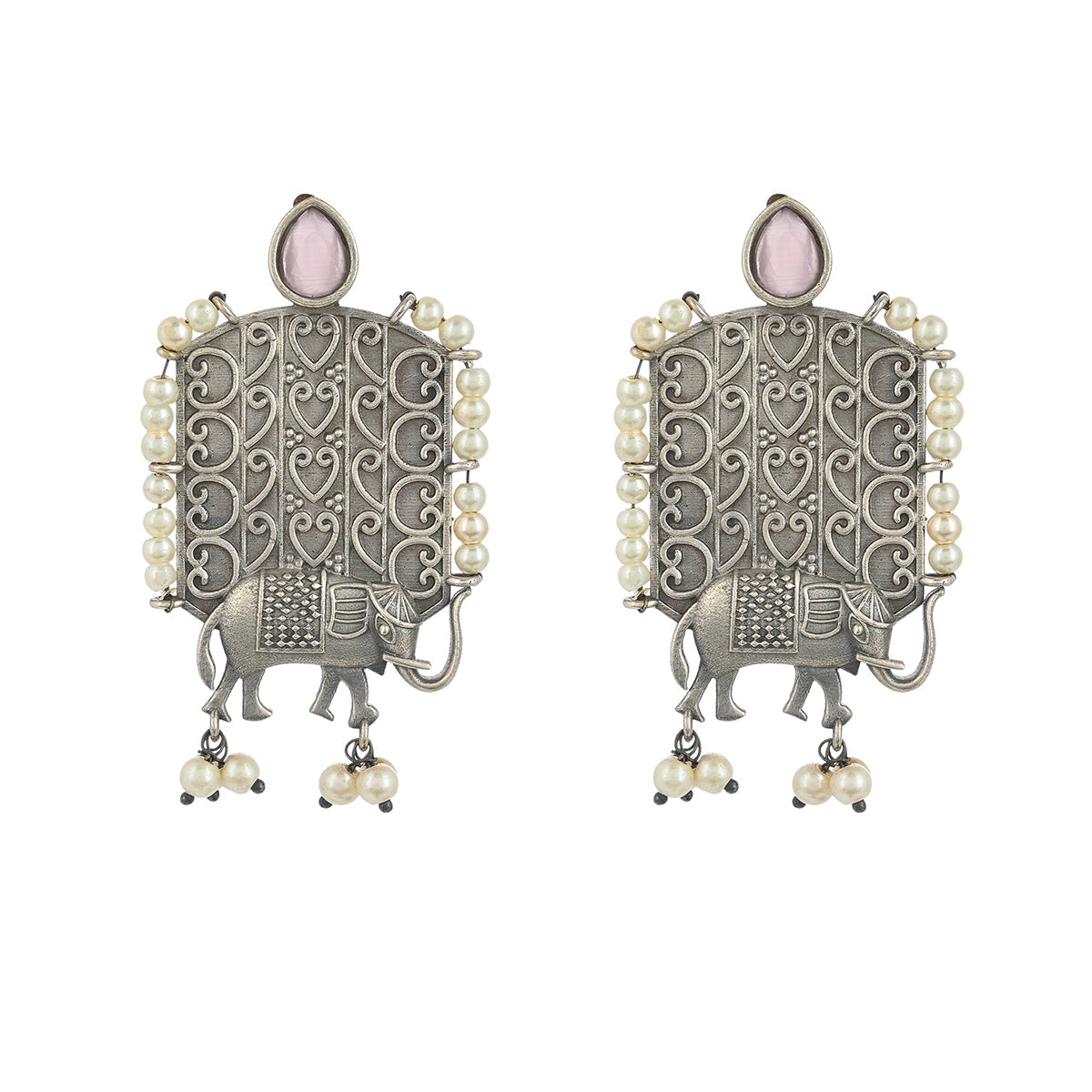 Women's Antique Elegance Elephant Motif Faux Pearls Silver Plated Earrings - Voylla