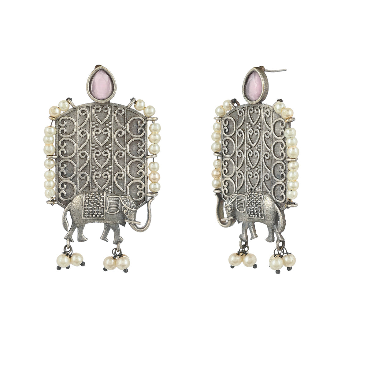 Women's Antique Elegance Elephant Motif Faux Pearls Silver Plated Earrings - Voylla