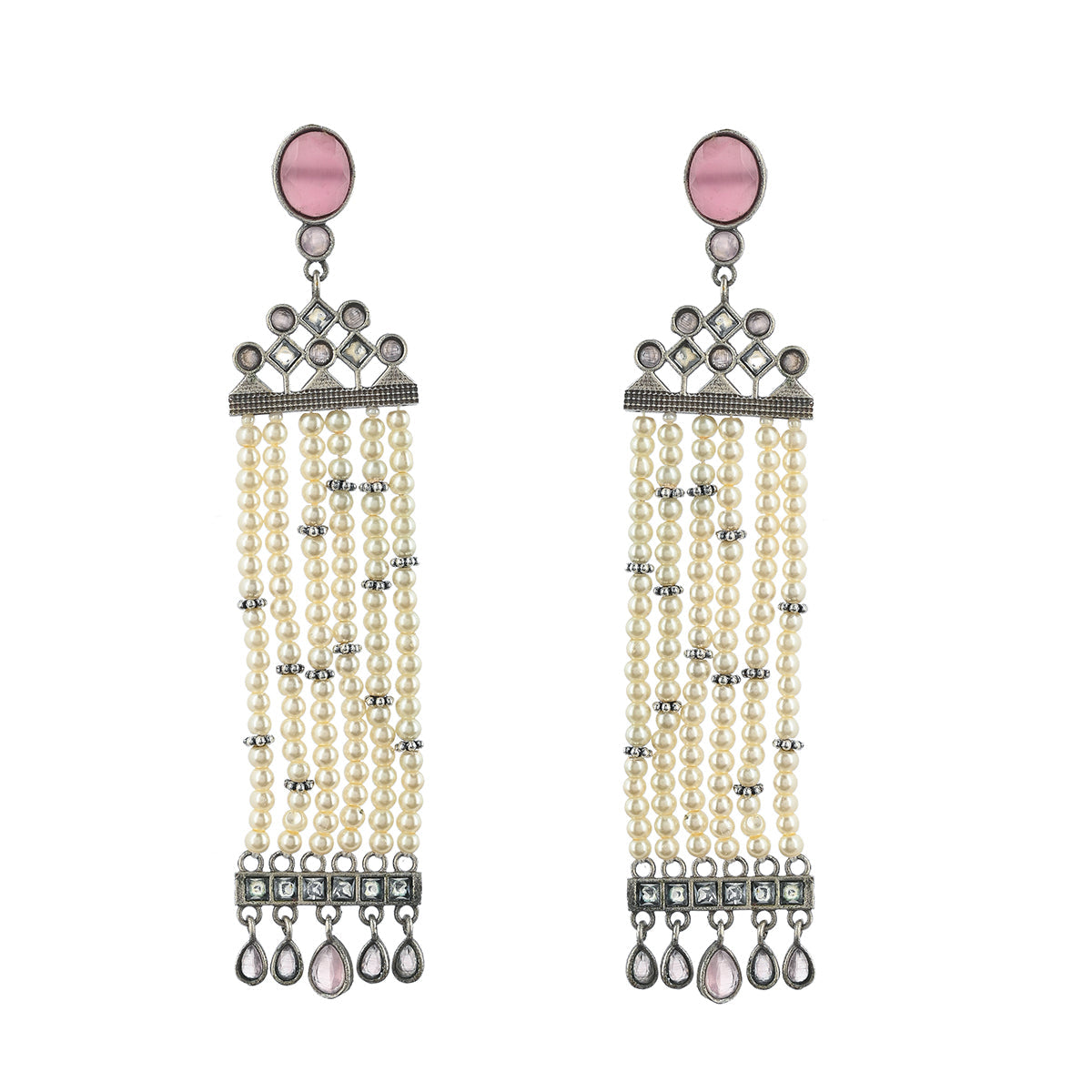 Women's Antique Elegance Faux Pearls And Stones Embellished Oxidised Silver Plated Brass Long Drop Earrings - Voylla