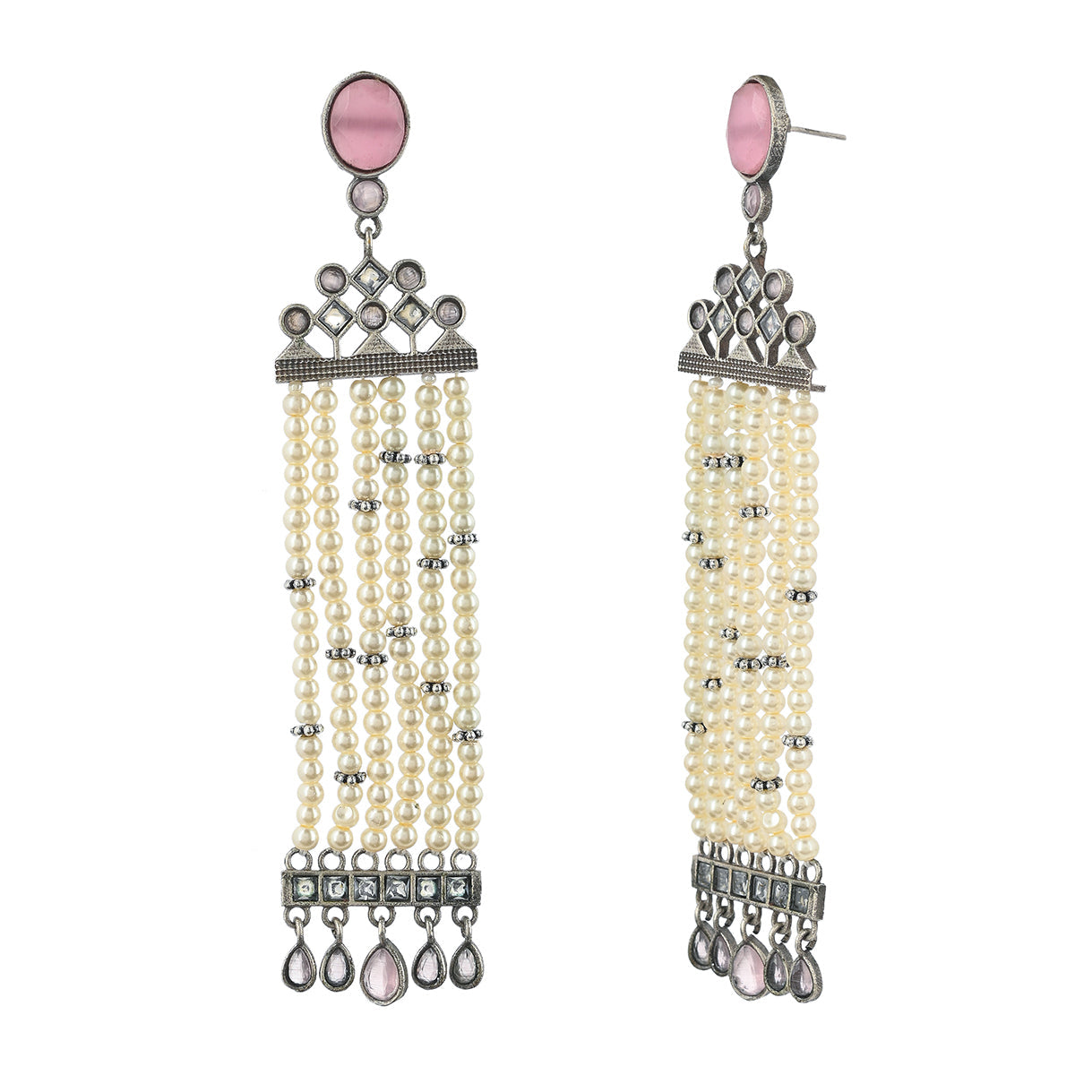 Women's Antique Elegance Faux Pearls And Stones Embellished Oxidised Silver Plated Brass Long Drop Earrings - Voylla
