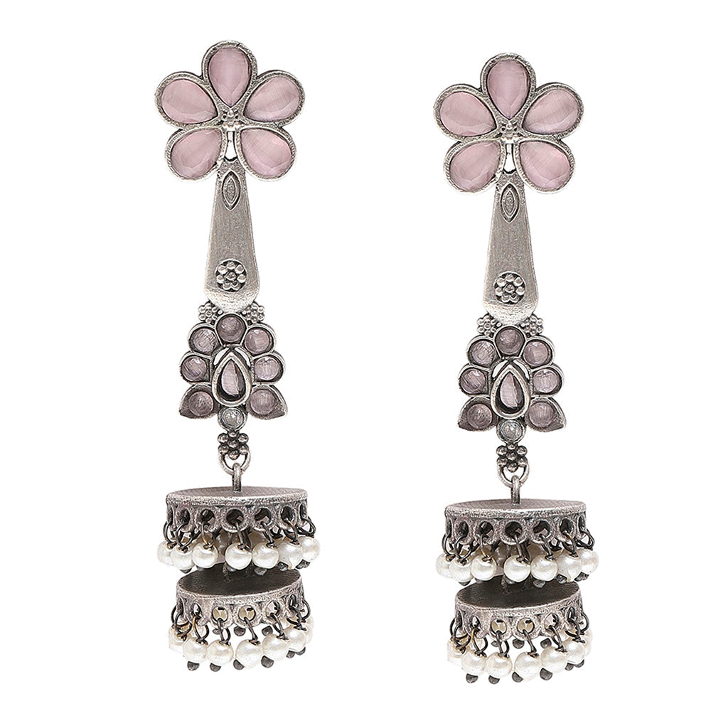 Women's Antique Elegance Floral Motifs Pearls Adorned Brass Silver Oxidised Plated Earrings - Voylla