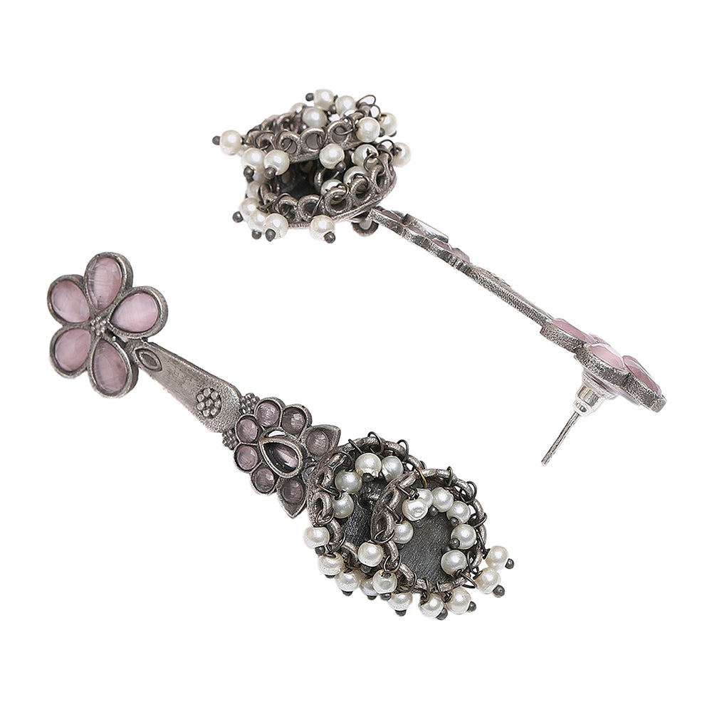 Women's Antique Elegance Floral Motifs Pearls Adorned Brass Silver Oxidised Plated Earrings - Voylla