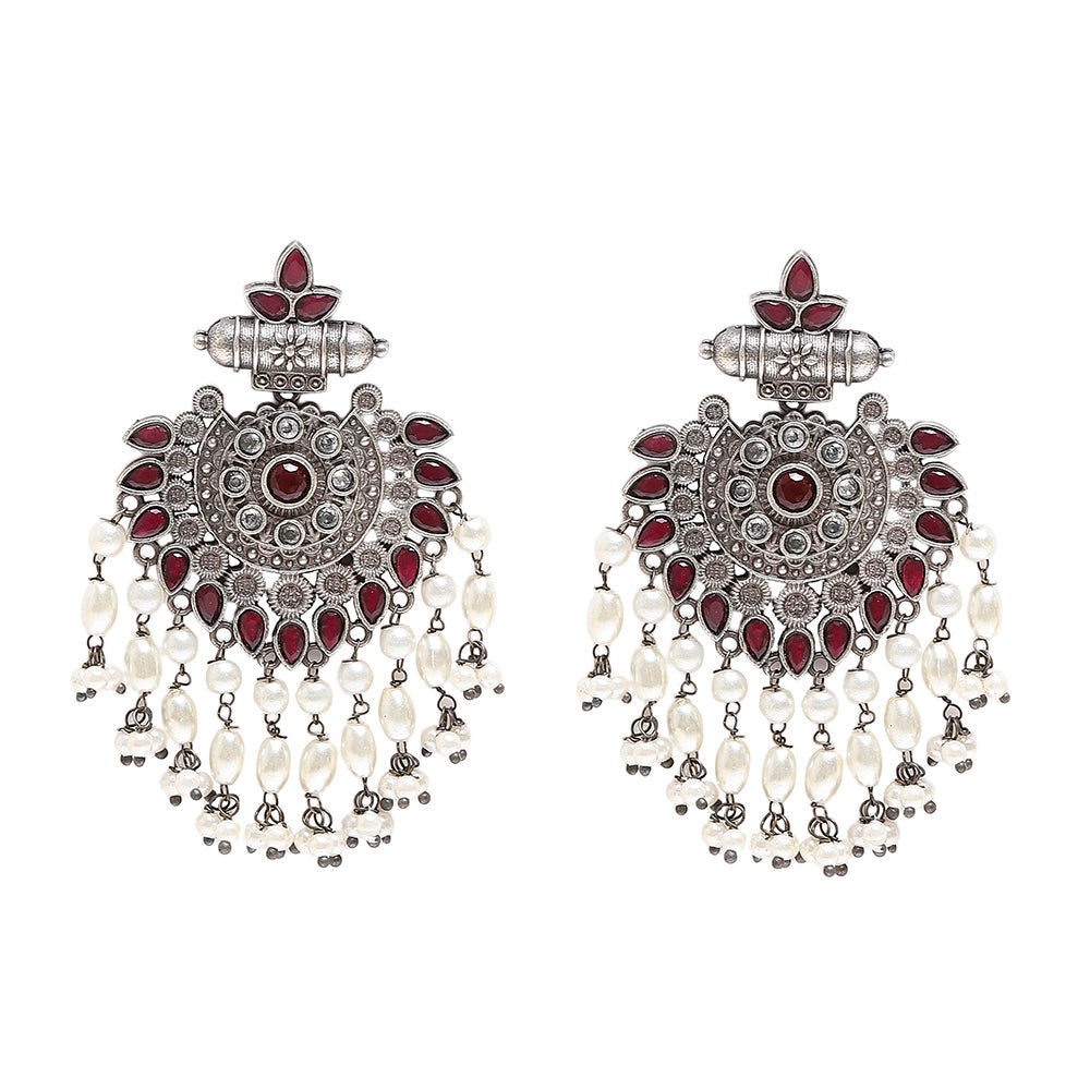 Women's Antique Elegance Red Stone With Pearl Drop Earrings - Voylla
