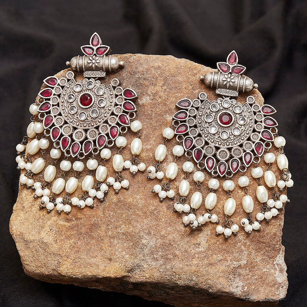 Women's Antique Elegance Red Stone With Pearl Drop Earrings - Voylla