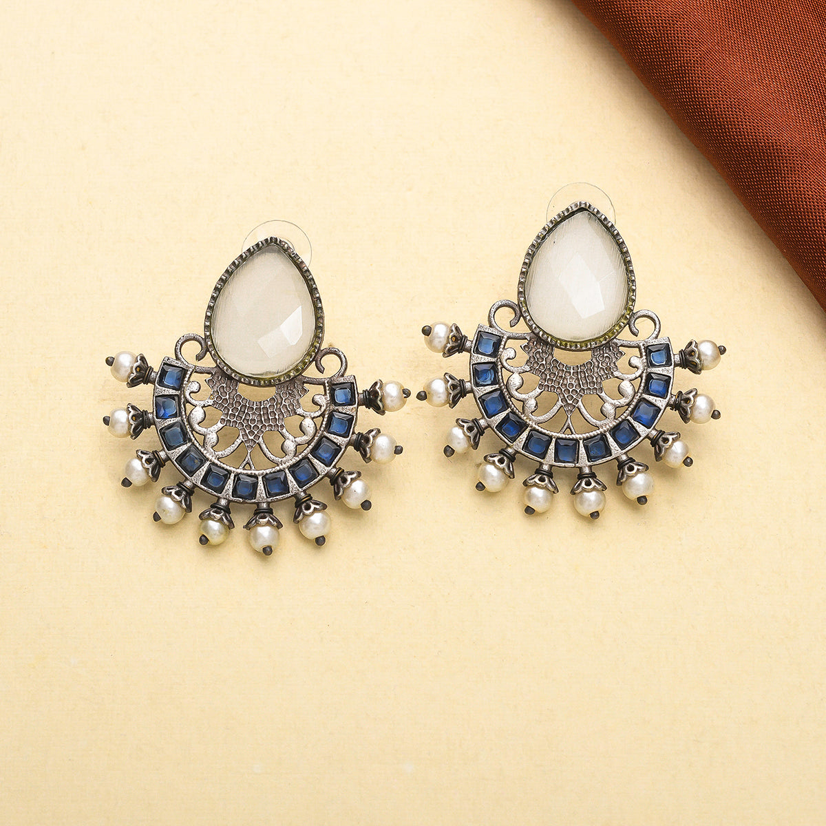 Women's Antique Elegance Faux White Pearls Adorned Silver Plated Brass Earrings - Voylla