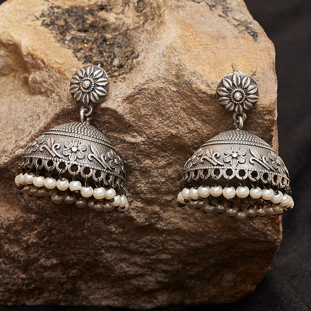 Women's Antique Elegance Faux Pearls Silver Plated Jhumka Earrings - Voylla