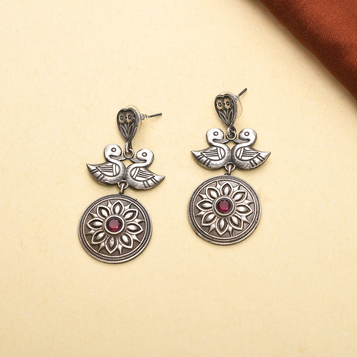 Women's Antique Elegance Bird Motifs Gems Adorned Brass Silver Plated Drop Earrings - Voylla