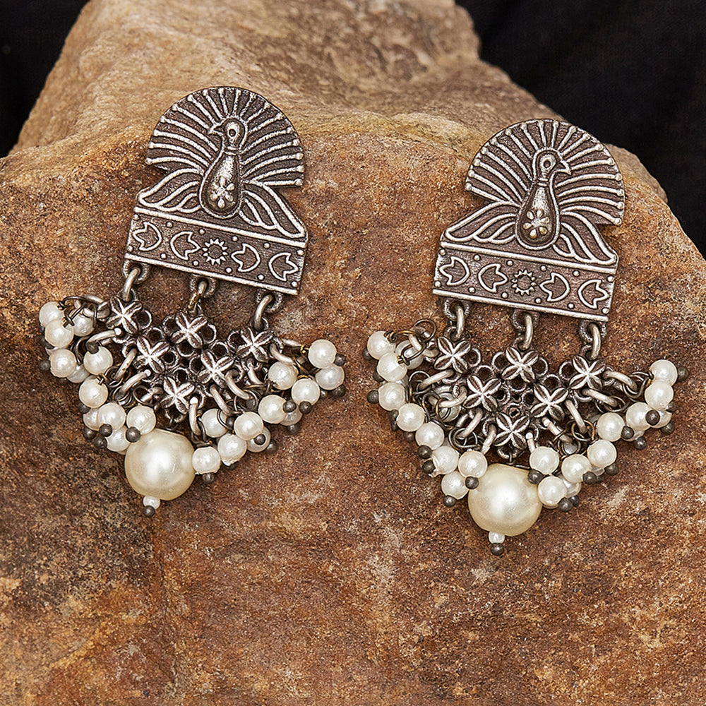 Women's Antique Elegance White Pearls Peacock Motif Silver Plated Earrings - Voylla