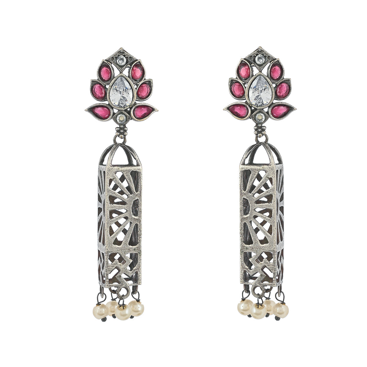 Women's Antique Elegance Faux Pearls And Kundan Gems Embellished Silver Plated Brass Drop Earrings - Voylla