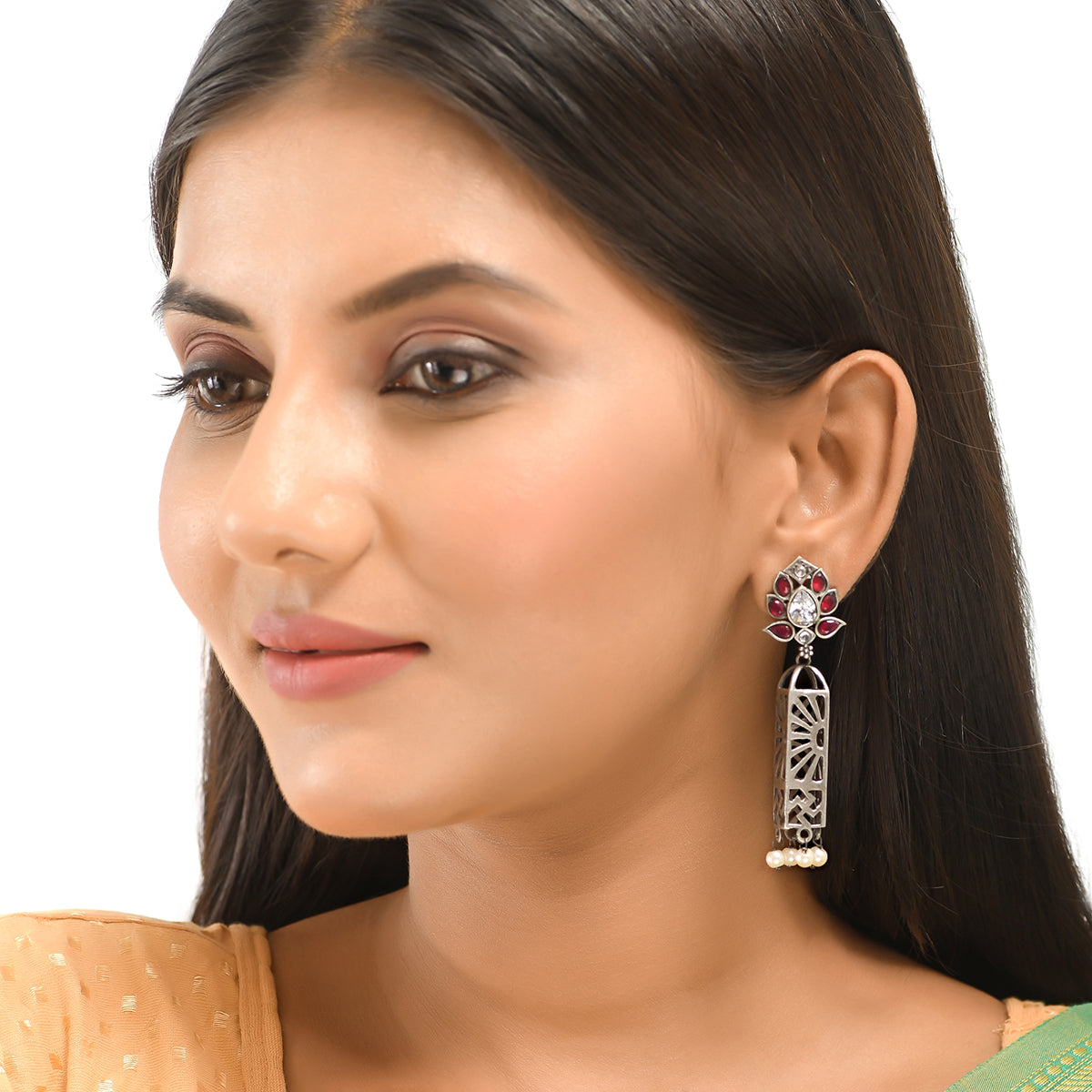 Women's Antique Elegance Faux Pearls And Kundan Gems Embellished Silver Plated Brass Drop Earrings - Voylla