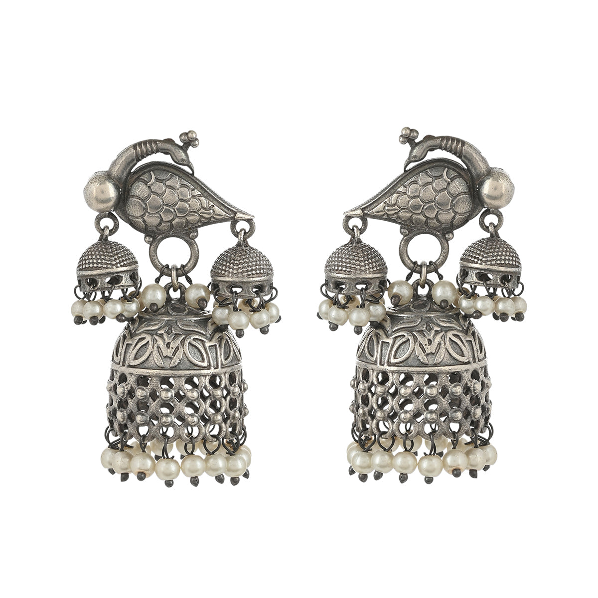 Women's Antique Elegance Lattice Work Faux Pearls Brass Silver Plated Jhumka Earrings - Voylla