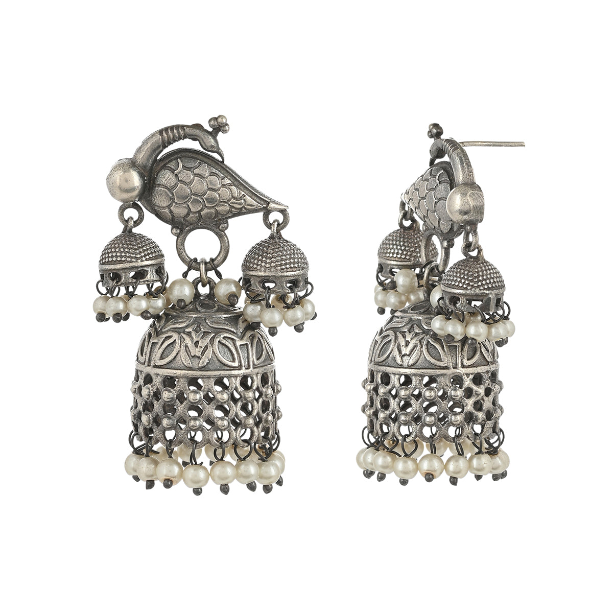 Women's Antique Elegance Lattice Work Faux Pearls Brass Silver Plated Jhumka Earrings - Voylla