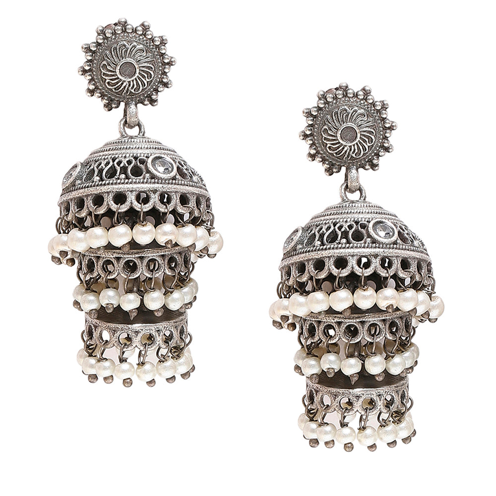Women's Antique Elegance Silver Plated Layered Jhumka Drop Earrings - Voylla