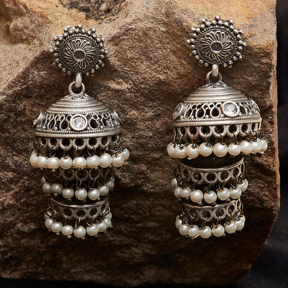 Women's Antique Elegance Silver Plated Layered Jhumka Drop Earrings - Voylla