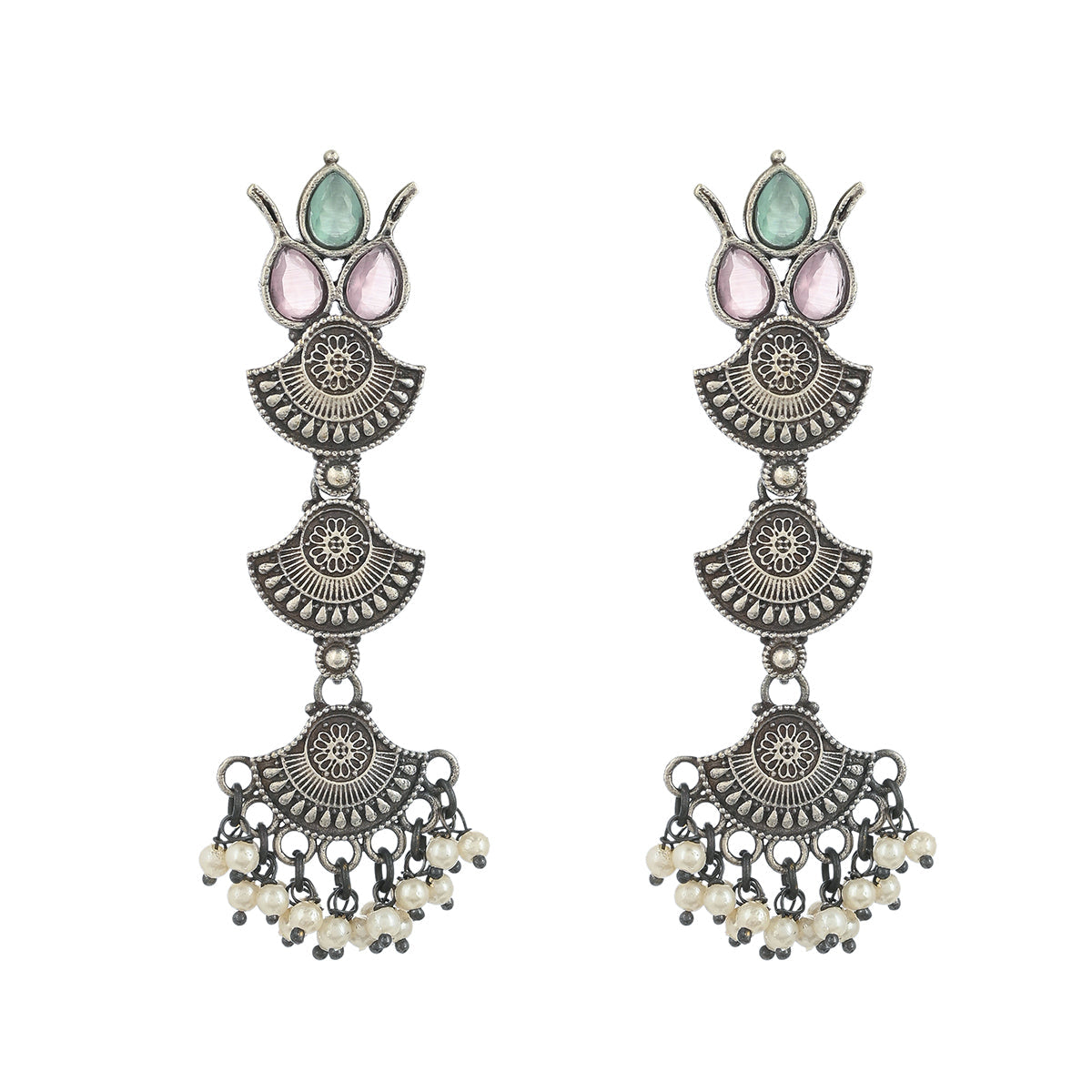 Women's Antique Elegance Faux Pearls And Kundan Adorned Silver Plated Layered Drop Earrings - Voylla