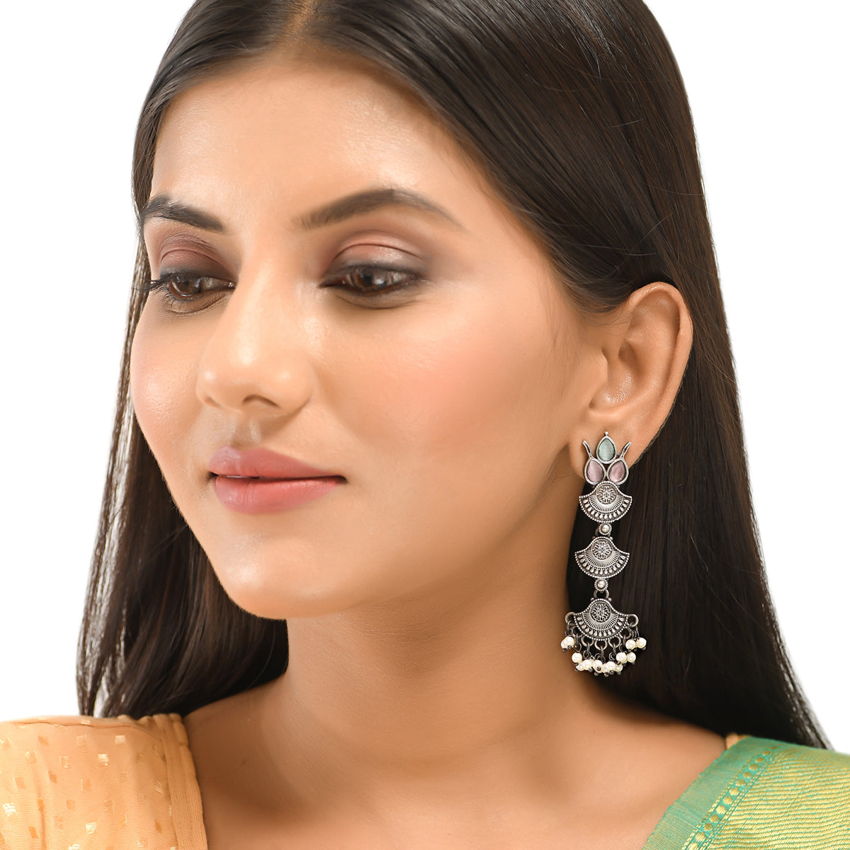 Women's Antique Elegance Faux Pearls And Kundan Adorned Silver Plated Layered Drop Earrings - Voylla