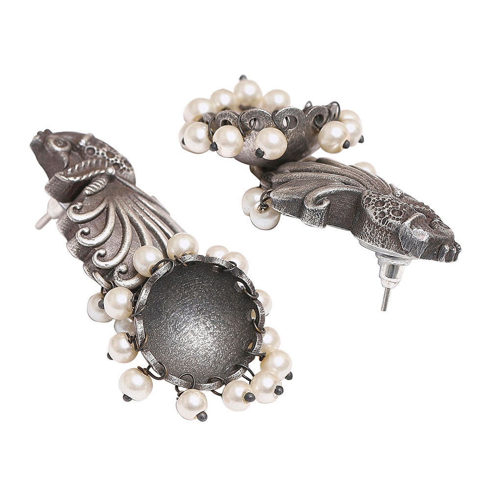 Women's Antique Elegance White Faux Pearls Adorned Silver Plated Earrings - Voylla