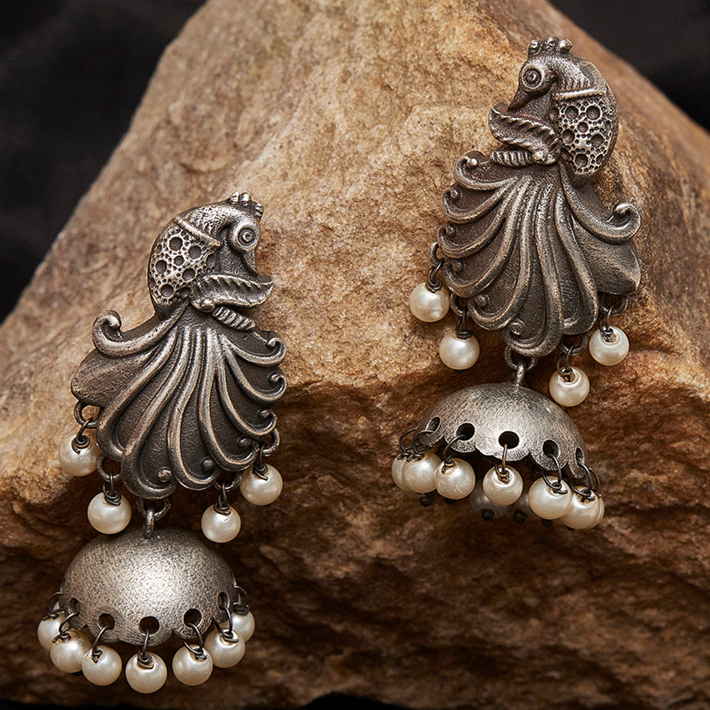 Women's Antique Elegance White Faux Pearls Adorned Silver Plated Earrings - Voylla