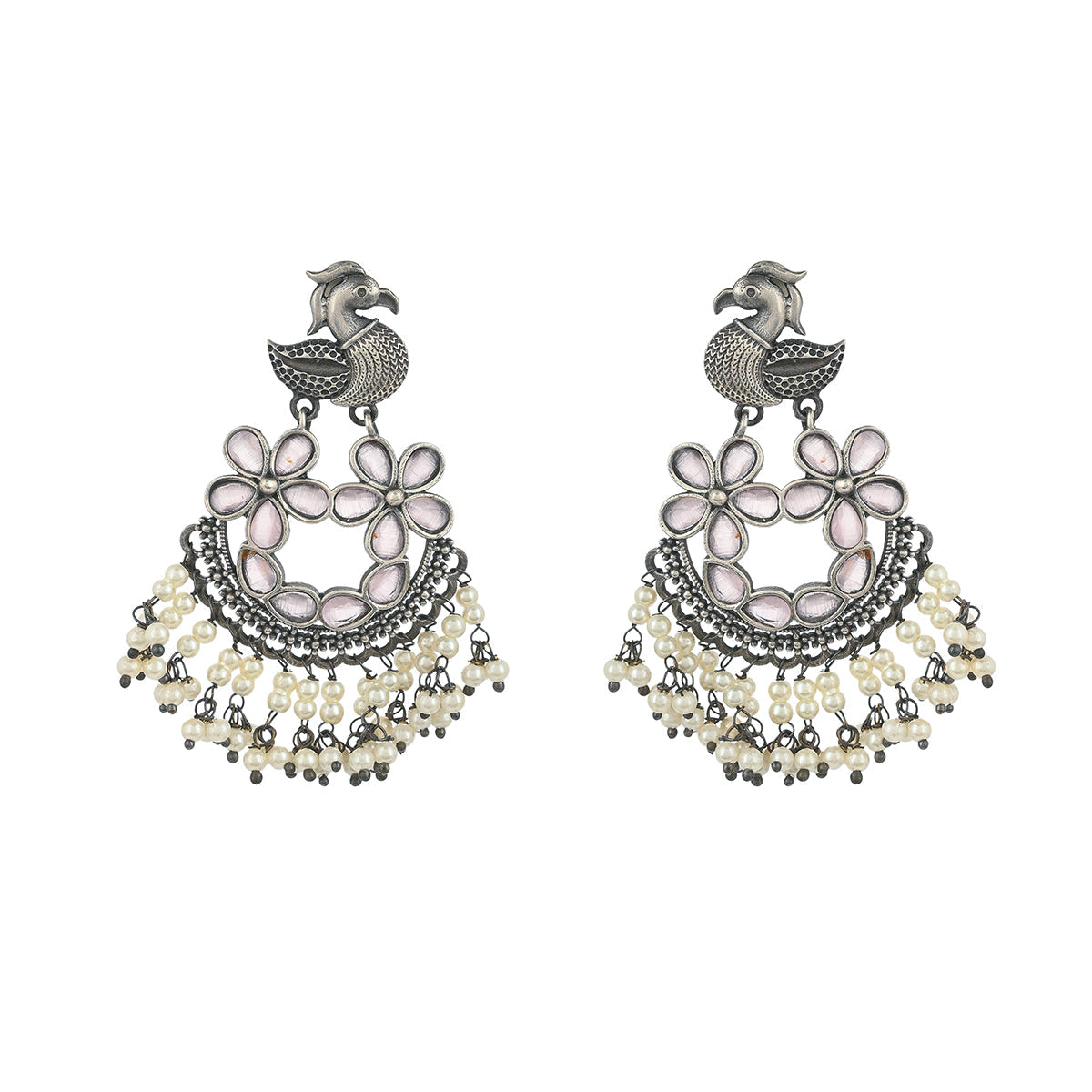 Women's Antique Elegance Faux Pearls And Kundan Adorned Brass Silver Plated Ethnic Earrings - Voylla