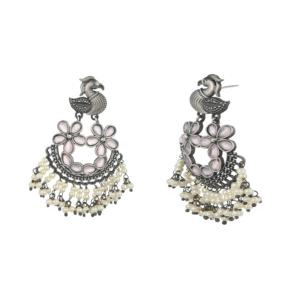 Women's Antique Elegance Faux Pearls And Kundan Adorned Brass Silver Plated Ethnic Earrings - Voylla