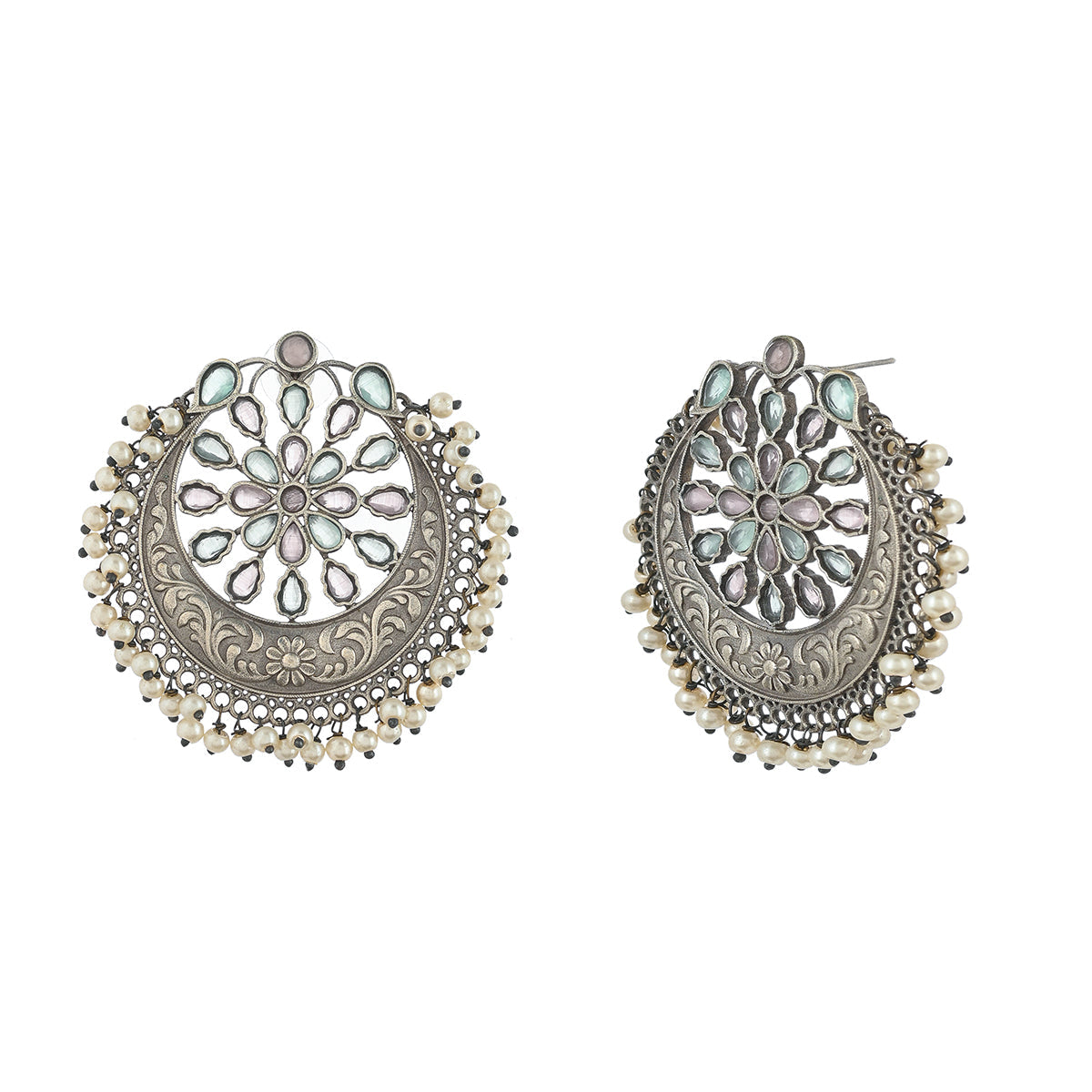Women's Antique Elegance Floral Faux Pearls And Kundan Adorned Silver Toned Brass Earrings - Voylla