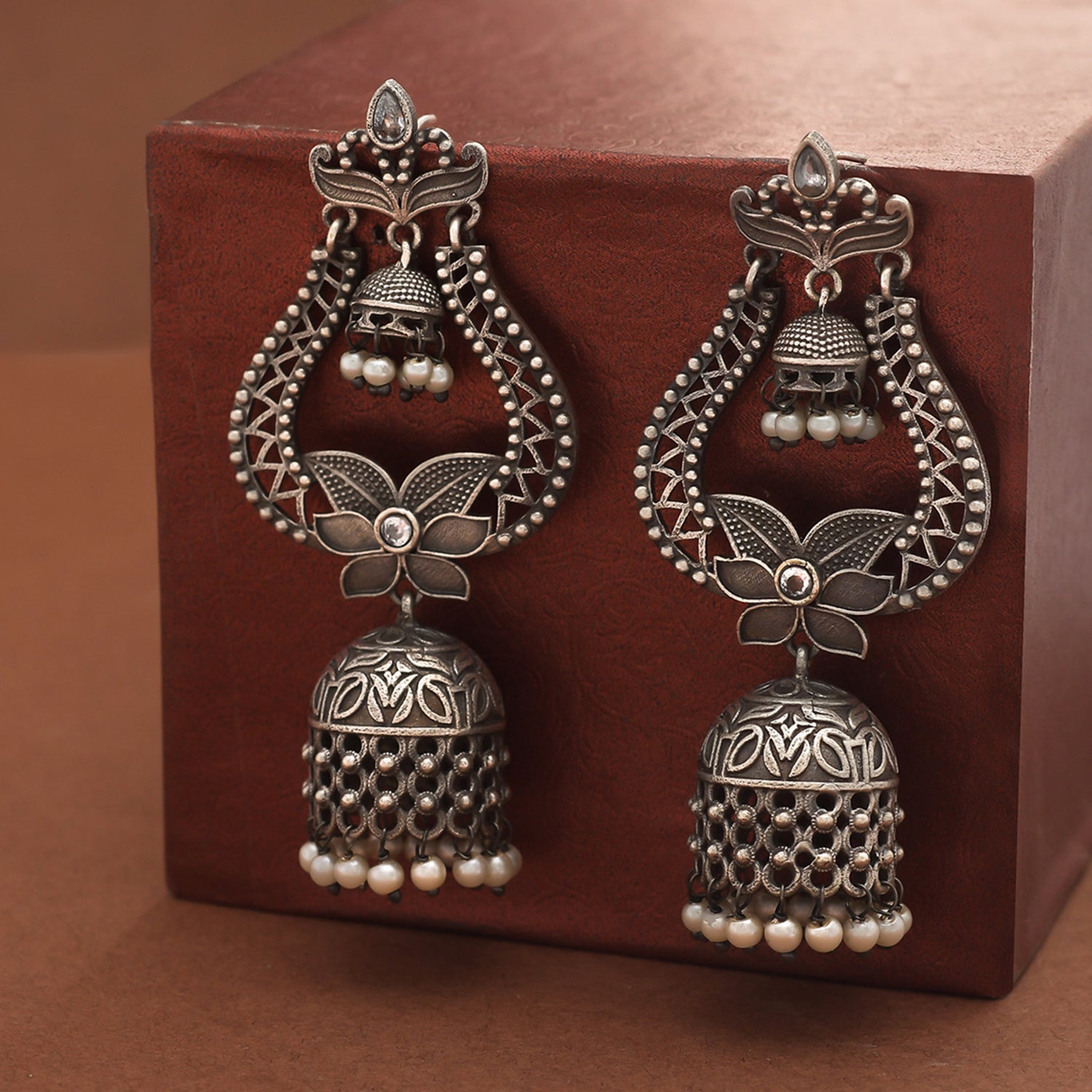 Women's Antique Elegance Filigree Design Faux Pearls Brass Silver Plated Jhumka Earrings - Voylla