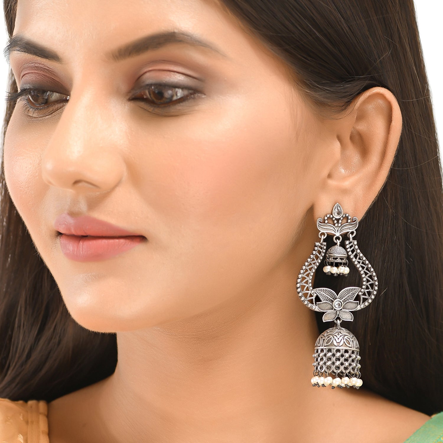 Women's Antique Elegance Filigree Design Faux Pearls Brass Silver Plated Jhumka Earrings - Voylla