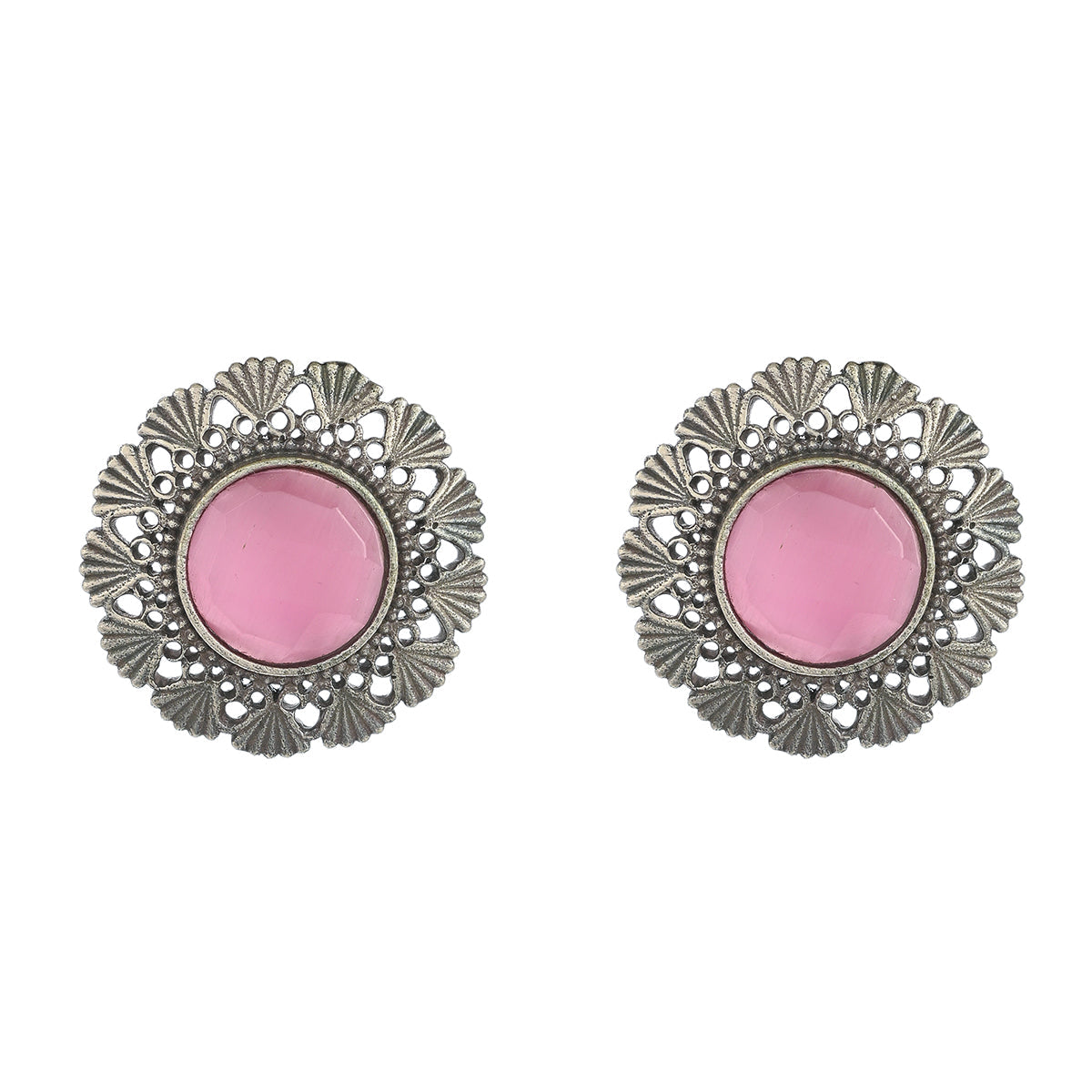 Women's Antique Elegance Round Cut Stone Adorned Brass Silver Plated Stud Earrings - Voylla