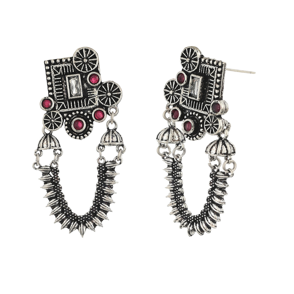 Women's Antique Elegance Temple Design Brass Lightly Embellished Silver Plated Drop Earrings - Voylla