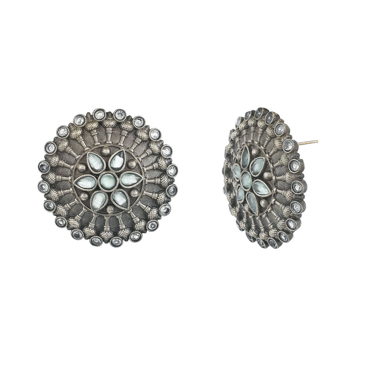 Women's Antique Elegance Mandala Design Brass Lightly Embellished Silver Plated Stud Earrings - Voylla