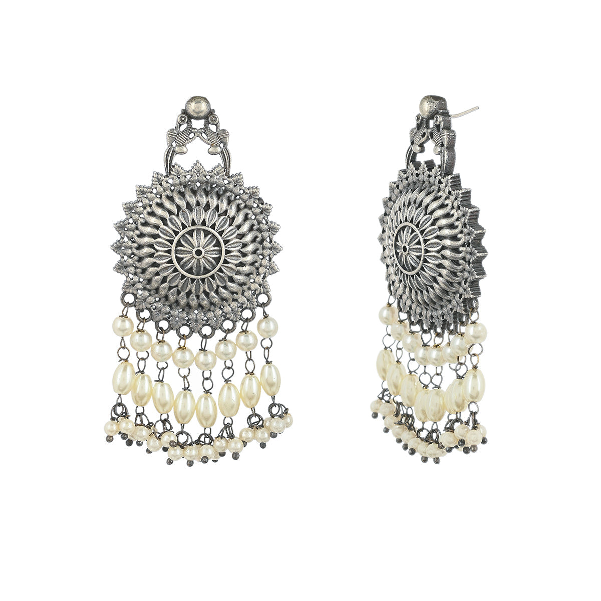 Women's Antique Elegance Circular Faux Pearls Adorned Silver Plated Brass Earrings - Voylla