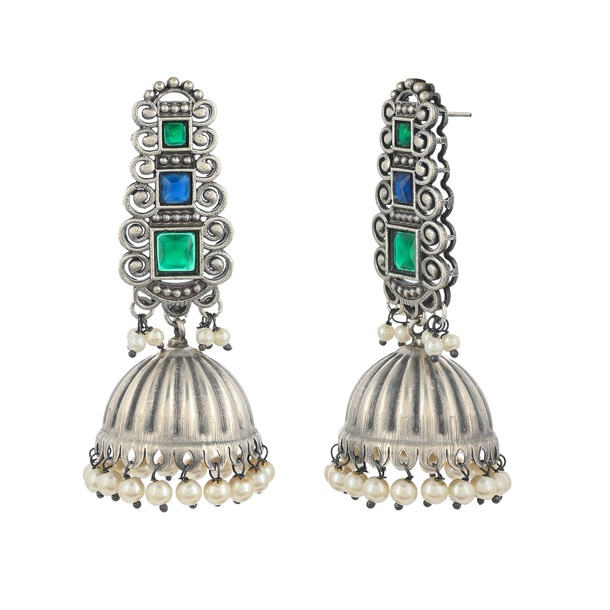 Women's Antique Elegance Emerald Cut Faux Kundan And Pearls Brass Silver Plated Jhumka Earrings - Voylla