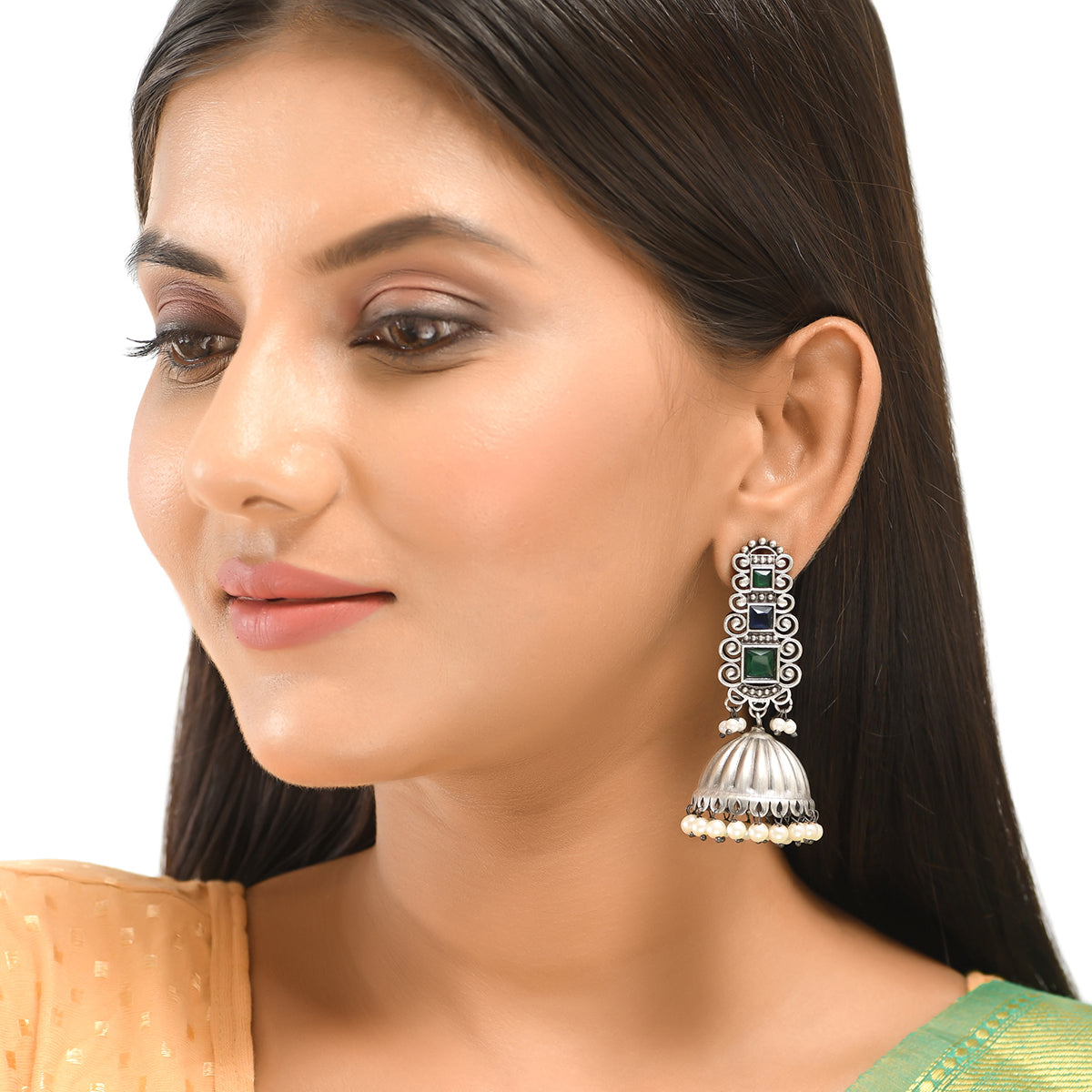 Women's Antique Elegance Emerald Cut Faux Kundan And Pearls Brass Silver Plated Jhumka Earrings - Voylla