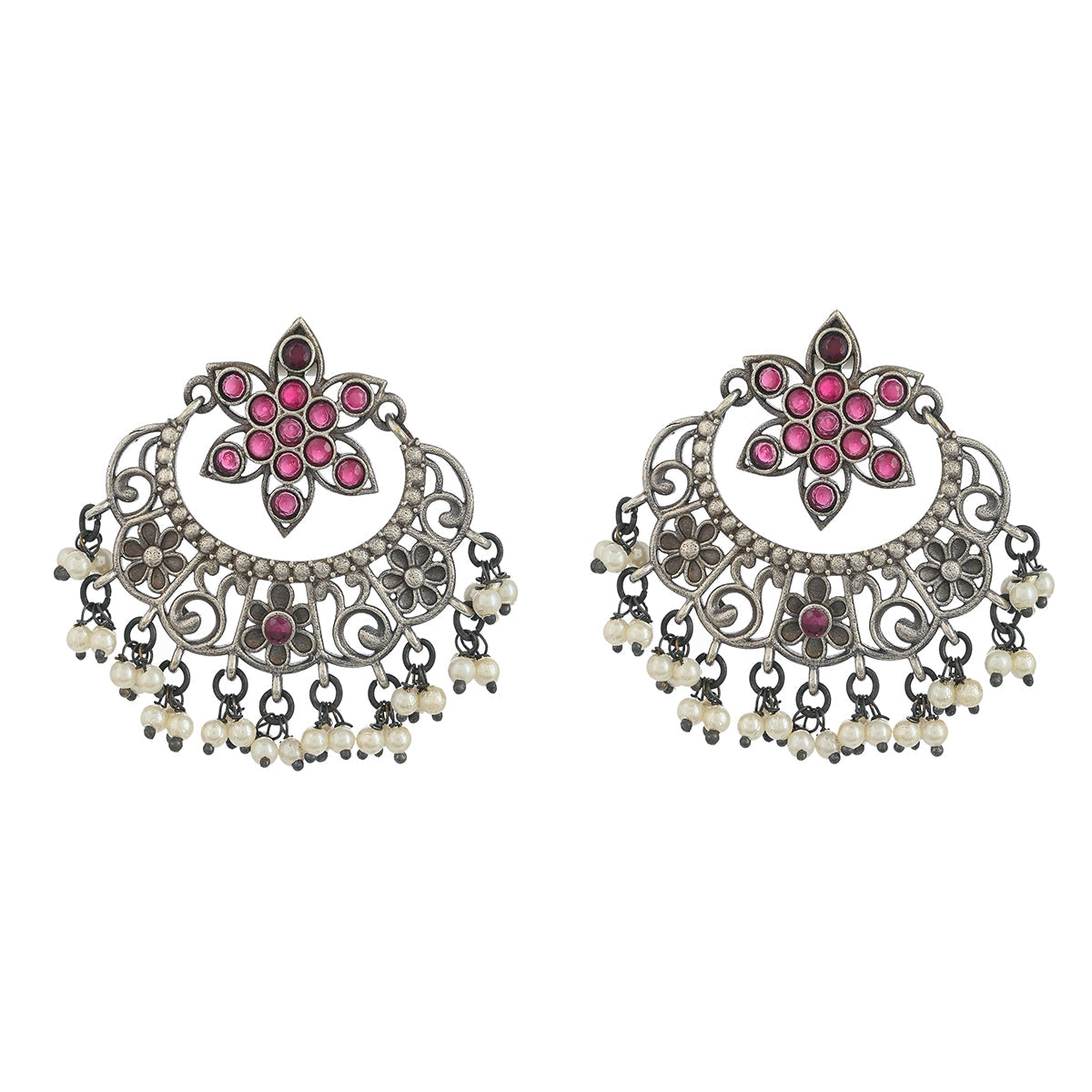 Women's Antique Elegance Faux Pearls And Kundan Filigree Design Silver Plated Brass Earrings - Voylla
