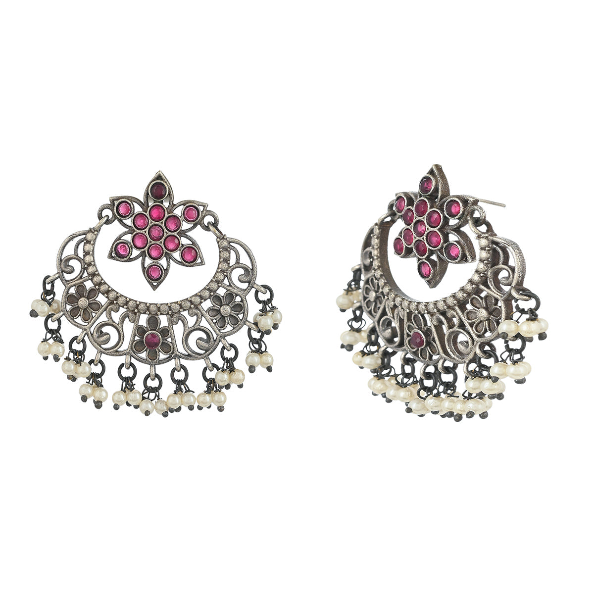 Women's Antique Elegance Faux Pearls And Kundan Filigree Design Silver Plated Brass Earrings - Voylla