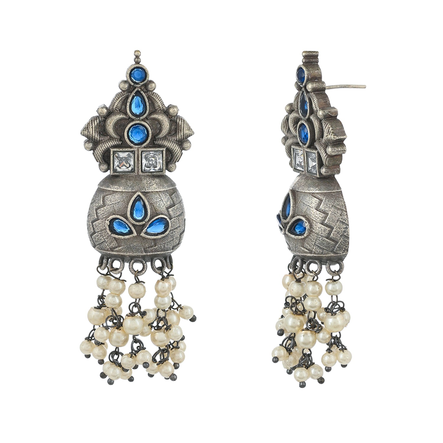 Women's Antique Elegance Cluster Setting Faux Pearls Silver Plated Brass Drop Earrings - Voylla
