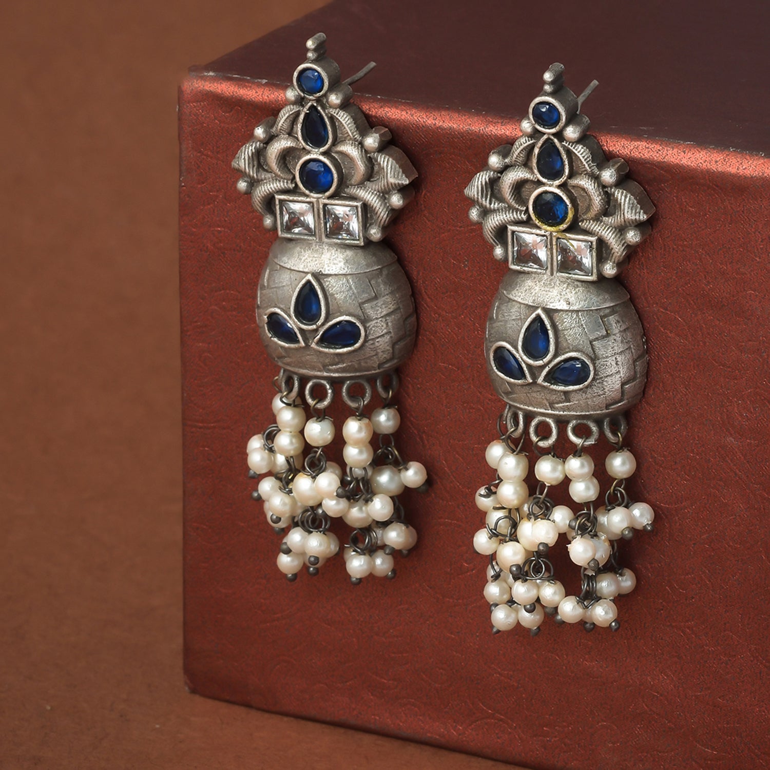 Women's Antique Elegance Cluster Setting Faux Pearls Silver Plated Brass Drop Earrings - Voylla