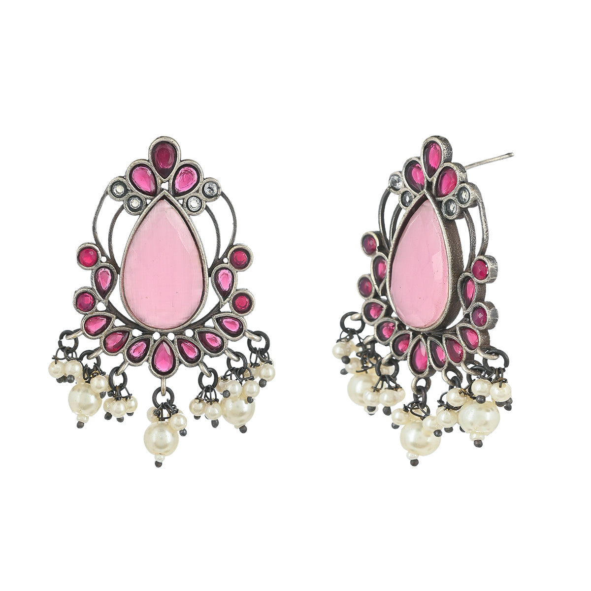 Women's Antique Elegance Pink Teardrop Faux Kundan And Pearls Brass Silver Plated Earrings - Voylla