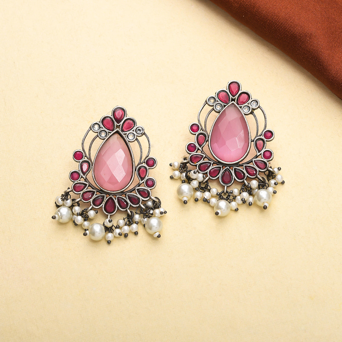 Women's Antique Elegance Pink Teardrop Faux Kundan And Pearls Brass Silver Plated Earrings - Voylla