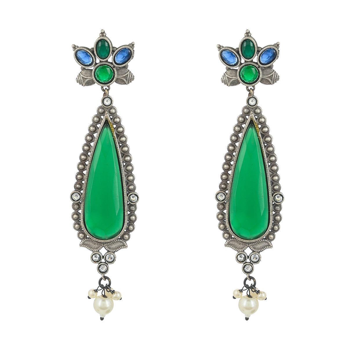 Women's Antique Elegance Teardrop Green Gems And Faux Pearls Silver Plated Brass Earrings - Voylla