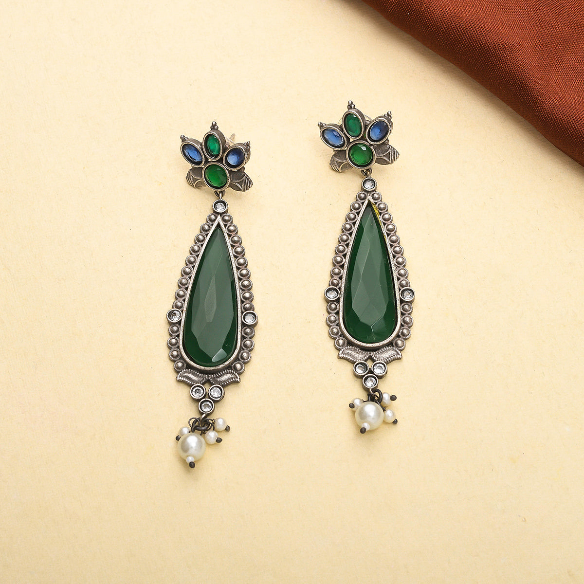Women's Antique Elegance Teardrop Green Gems And Faux Pearls Silver Plated Brass Earrings - Voylla
